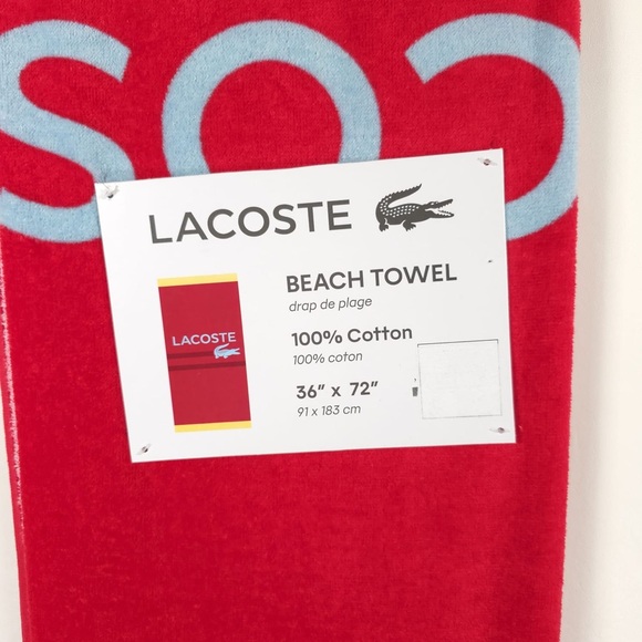 NWT LACOSTE CROC LOGO RED BEACH TOWEL 100% COTTON 36” x 72” - Picture 3 of 5